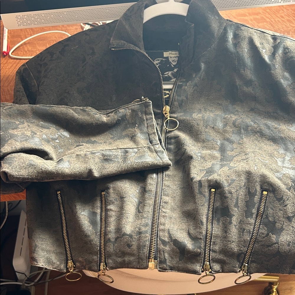 Camo  Zip-Front Bomber Jacket in Black/brown with gold zippers.. very unique!